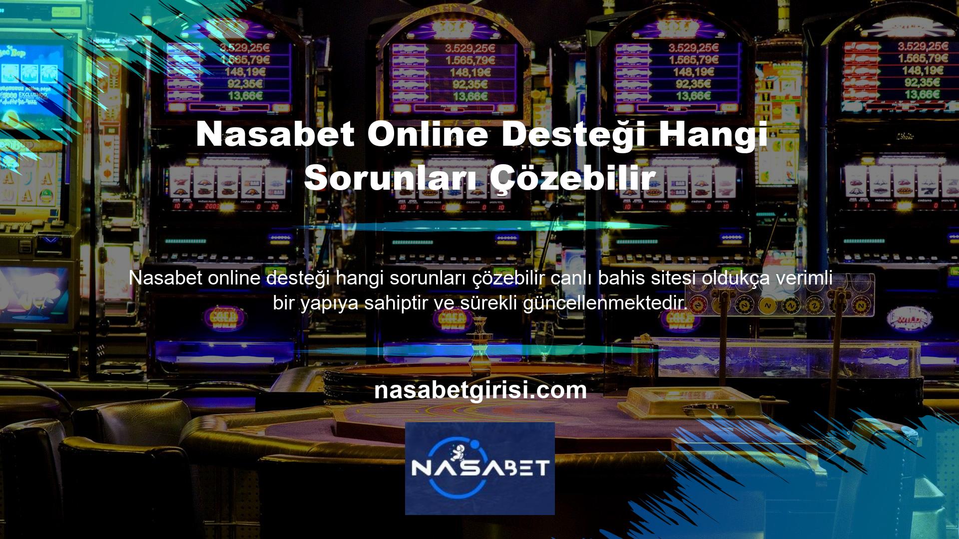 Nasabet online desteği ile bonuslar, oyun oranları, casino ve canlı casino gibi çeşitli alanlarda ihtiyacınız olan bilgilere ulaşabilirsiniz
